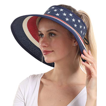 Women Patriotic Sun Visors Foldable Straw Ponytail Hat Summer Beach USA American Flag Packable Hats ...