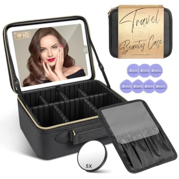 JUSRON Travel Makeup Bag With LED Mirror,Train Case with Light up Mirror, Portable Makeup Artist Org...