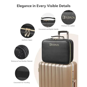 JUSRON Travel Makeup Bag With LED Mirror,Train Case with Light up Mirror, Portable Makeup Artist Organizer Bag with Adjustable Dividers, Makeup Brush Holder Storage(Black, Large)