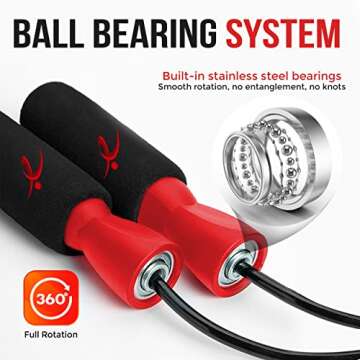 Fitness Factor Jump Rope With Adjustable Length, Tangle-Free Skipping Rope for Gym Workout,Crossfit, Fitness Exercise, WOD, Boxing, MMA, Endurance Training Include Carrying Pouch (Red)