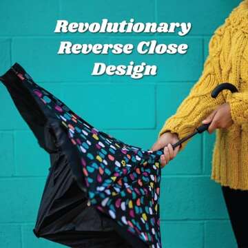 Totes InBrella - Reverse Close Umbrella with Invisible Water Repellent Coating - Auto Close, Inverted, Dripless, and Stormproof for Rainy Weather