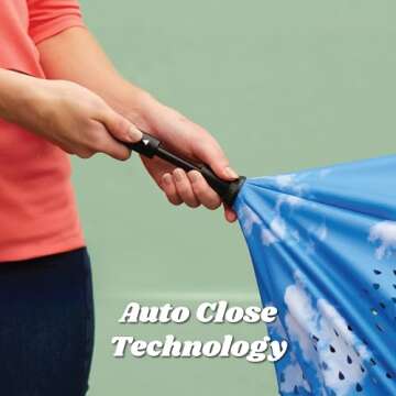 Totes InBrella - Reverse Close Umbrella with Invisible Water Repellent Coating - Auto Close, Inverted, Dripless, and Stormproof for Rainy Weather