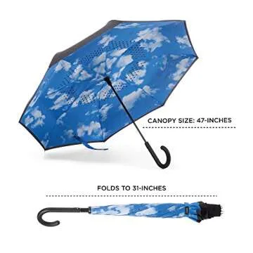 Totes InBrella - Reverse Close Umbrella with Invisible Water Repellent Coating - Auto Close, Inverted, Dripless, and Stormproof for Rainy Weather