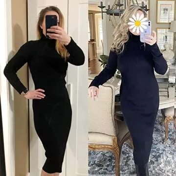 Rocorose Women's Winter Dress Turtleneck Ribbed Elbow Long Sleeve Knit Sweater Dress Black XL