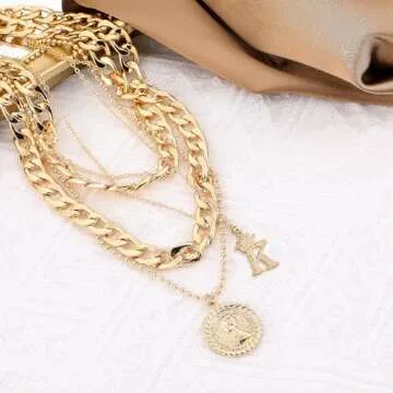 MJartoria Gold Layered Necklaces for Women Trendy Retro Coin Crown Letter Pendant Necklace Dainty Chunky Chain Choker Necklaces for Jewelry Birthday Gifts (Gold, K)