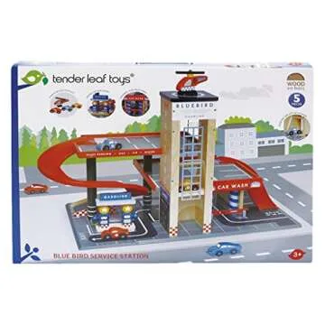 Tender Leaf Toys - Blue Bird Service Station - Classic Wooden Garage and Service Station for Cars an...