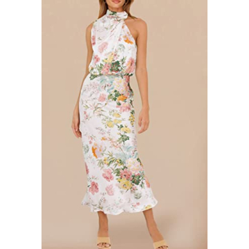 PRETTYGARDEN Women's 2025 Summer Satin Dress Elegant Sleeveless Mock Neck Cocktail Party Maxi Dresses (Print White,Large)
