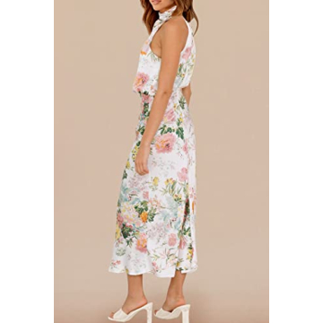 PRETTYGARDEN Women's 2025 Summer Satin Dress Elegant Sleeveless Mock Neck Cocktail Party Maxi Dresses (Print White,Large)