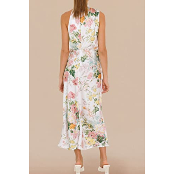 PRETTYGARDEN Women's 2025 Summer Satin Dress Elegant Sleeveless Mock Neck Cocktail Party Maxi Dresses (Print White,Large)