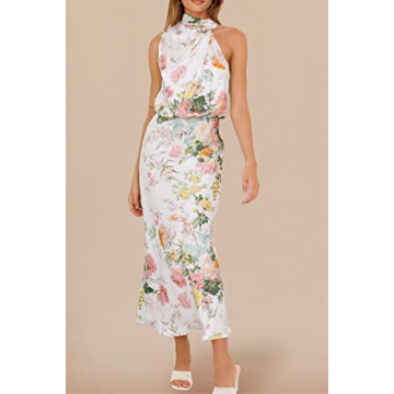 PRETTYGARDEN Women's 2025 Summer Satin Dress Elegant Sleeveless Mock Neck Cocktail Party Maxi Dresses (Print White,Large)