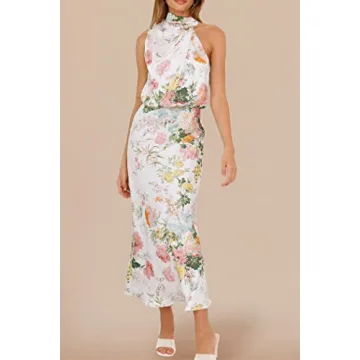 PRETTYGARDEN Women's 2025 Summer Satin Dress Elegant Sleeveless Mock Neck Cocktail Party Maxi Dresses (Print White,Large)