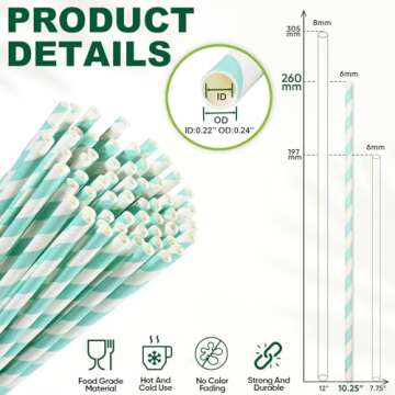 Aqua Paper Straws 10 Inch Extra Long - for Tall Drinks, Baby Shower, Parties, Cocktails - 100 Counts