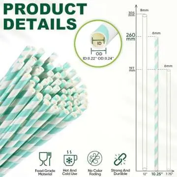 Aqua Paper Straws 10 Inch Extra Long - for Tall Drinks, Baby Shower, Parties, Cocktails - 100 Counts