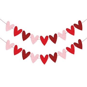 XIANMU 2 Pack Glittery Heart Banner Garland - Valentine's Day & Anniversary Decorations for All Occa...
