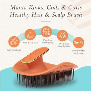 Manta Kinks Detangling Brush - Anti-Static, Curl Defining for 3a to 4c Afro and Curly Hair - Flexibl...