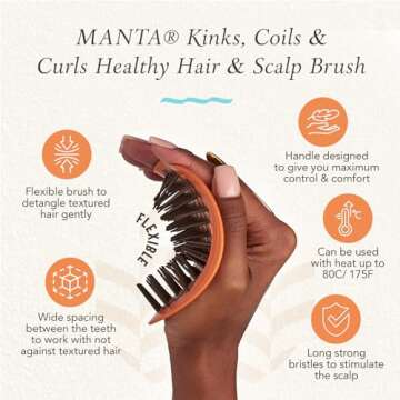 Manta Kinks Detangling Brush - Anti-Static, Curl Defining for 3a to 4c Afro and Curly Hair - Flexible Scalp Brush