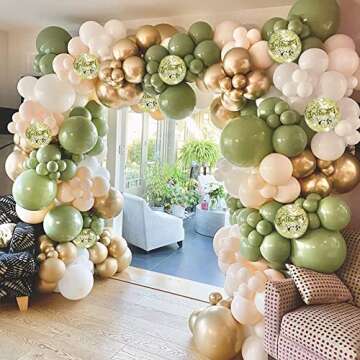 Muliooe Sage Green Balloons Garland Kit, 120 pcs Olive Green Blush White Balloons with Gold Confetti Balloons for Birthday Baby Shower Wedding Party Decorations