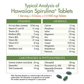 Nutrex Hawaii, Pure Hawaiian Spirulina - 1000 mg Tablets - Hawaiian Grown Natural, Nutrient Rich Superfood - Immune Support, Detox & Energy – Vegan Complete Protein, Non-GMO, Original, 180 Count