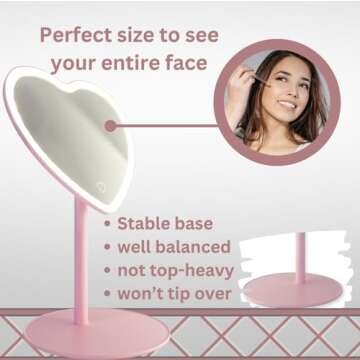 MYKALA Pink Heart Mirror with Rechargeable LED Lights