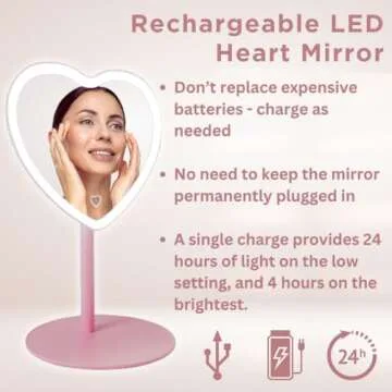MYKALA Pink Heart Mirror with Rechargeable LED Lights