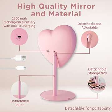 MYKALA Pink Heart Mirror with Rechargeable LED Lights