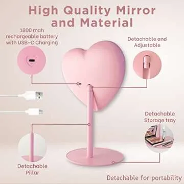 MYKALA Pink Heart Mirror with Rechargeable LED Lights