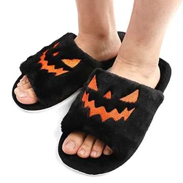 TITTOK Spooky Slides Halloween Slippers Jack O Lantern Pumpkin Soft Plush Cozy Open Toe Indoor Outdoor Fuzzy Slippers Gifts For Girls Women Girlfriend Men
