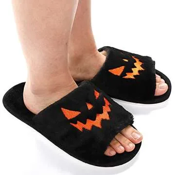 TITTOK Spooky Slides Halloween Slippers Jack O Lantern Pumpkin Soft Plush Cozy Open Toe Indoor Outdoor Fuzzy Slippers Gifts For Girls Women Girlfriend Men