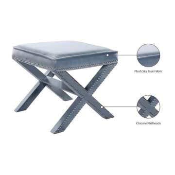 Meridian Furniture Nixon Collection Modern | Contemporary Velvet Upholstered Ottoman / Bench with X-Leg Design, Deep Button Tufting and a Solid Wood Frame Sky Blue 20.5" W x 20.5" D x 19" H