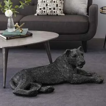 Deco 79 Polystone Leopard Decorative Sculpture Floor Home Decor Statue with Carved Faceted Diamond Exterior, Accent Figurine 39" x 19" x 14", Black