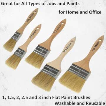 Set of 5 1, 1.5, 2, 2.5, 3 Inch Flat Paint Brushes - High European Quality - Natural Bristles - for ...