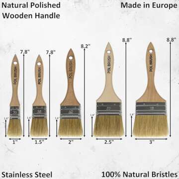 Set of 5 Flat Paint Brushes - Natural Bristles for All Paints