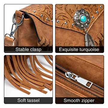 LAVAWA Small Crossbody Bags for Women Crossbody Handbag Fringe Purse Tassel Shoulder Bag Turquoise Concho Wallet