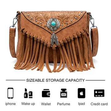 LAVAWA Small Crossbody Bags for Women Crossbody Handbag Fringe Purse Tassel Shoulder Bag Turquoise Concho Wallet