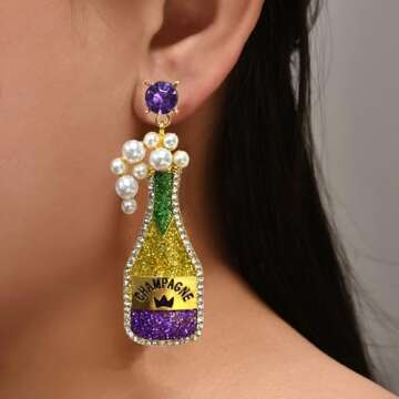 Mardi Gras Earrings for Women Champagne Earrings Champagne Bottle Earrings Pearl Rhinestone Champagne Drop Dangle Earrings Mardi Gras Dangle Earrings Mardi Gras Jewelry Gifts for Women