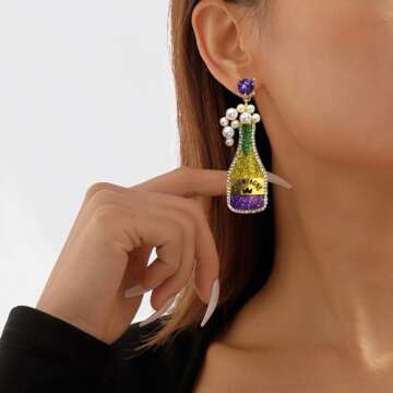 Mardi Gras Earrings for Women Champagne Earrings Champagne Bottle Earrings Pearl Rhinestone Champagne Drop Dangle Earrings Mardi Gras Dangle Earrings Mardi Gras Jewelry Gifts for Women