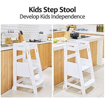 TOETOL Bamboo Toddler Kitchen Step Stool White Helper Standing Tower Height Adjustable with Anti-Sli...