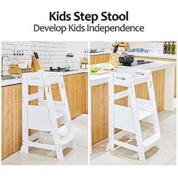 TOETOL Bamboo Toddler Kitchen Step Stool White Helper Standing Tower Height Adjustable with Anti-Sli...