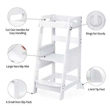 TOETOL Bamboo Toddler Kitchen Step Stool White Helper Standing Tower Height Adjustable with Anti-Slip Protection for Kids Kitchen Counter Learning