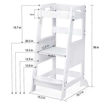 TOETOL Bamboo Toddler Kitchen Step Stool White Helper Standing Tower Height Adjustable with Anti-Slip Protection for Kids Kitchen Counter Learning