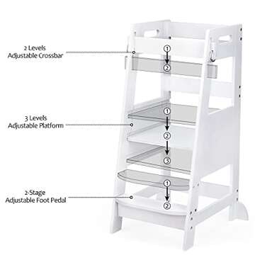 TOETOL Bamboo Toddler Kitchen Step Stool White Helper Standing Tower Height Adjustable with Anti-Slip Protection for Kids Kitchen Counter Learning