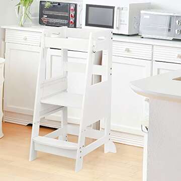 TOETOL Bamboo Toddler Kitchen Step Stool White Helper Standing Tower Height Adjustable with Anti-Slip Protection for Kids Kitchen Counter Learning