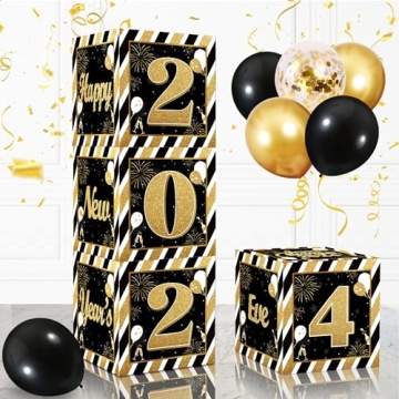 New Year's Eve 2024 Party Supplies, Black Gold Happy New Year's Balloon Boxes with 2024 for Black Go...