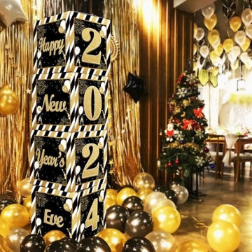 New Year's Eve 2024 Party Supplies, Black Gold Happy New Year's Balloon Boxes with 2024 for Black Gold Theme New Year's Eve Party Decorations