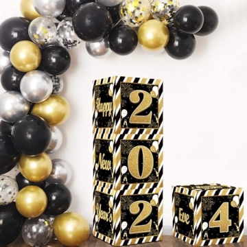 New Year's Eve 2024 Party Supplies, Black Gold Happy New Year's Balloon Boxes with 2024 for Black Gold Theme New Year's Eve Party Decorations