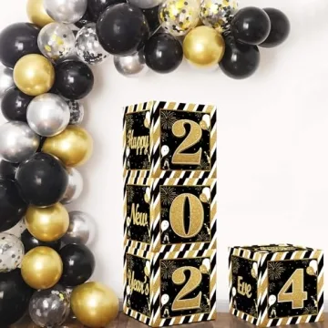 New Year's Eve 2024 Party Supplies, Black Gold Happy New Year's Balloon Boxes with 2024 for Black Gold Theme New Year's Eve Party Decorations