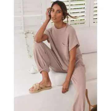 ANRABESS Women's Two Piece Outfits Knit Sweater Vest Crop Top Pants Lounge Matching Tracksuit Sweatsuit Travel Clothes Sets Light Pink Medium