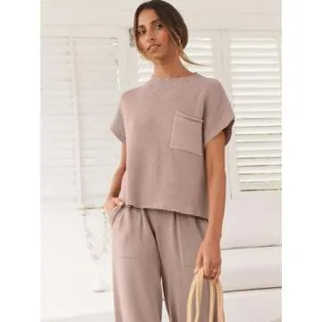 ANRABESS Women's Two Piece Outfits Knit Sweater Vest Crop Top Pants Lounge Matching Tracksuit Sweatsuit Travel Clothes Sets Light Pink Medium