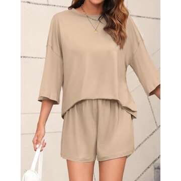 Cnlinkco Womens Knit Lounge Set 3/4 Sleeve Top and Shorts Sleepwear Pajama Set Two Piece Shorts Outfits Set