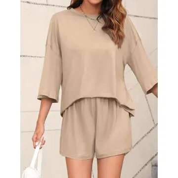 Cnlinkco Womens Knit Lounge Set 3/4 Sleeve Top and Shorts Sleepwear Pajama Set Two Piece Shorts Outfits Set